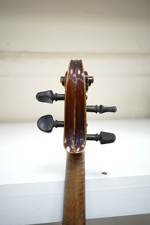 A cased violin, possibly Czech, body 36cm. Condition - fair